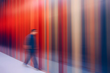 A Blurred Background, A Person Walking In A Room With Red And Orange Striped Walls