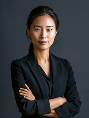 Powerful and confident Asian female executive captured in a portrait with a dark background, embodying success and determination in modern business