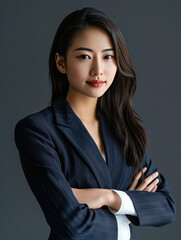 Powerful and confident Asian female executive captured in a portrait with a dark background, embodying success and determination in modern business