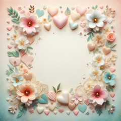 Top view photo with flowers and hearts in light colors, Al Generation