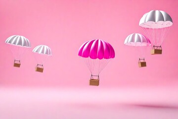 Pink parachute delivery objects jump down in the air while the white cloudy. Parachute 