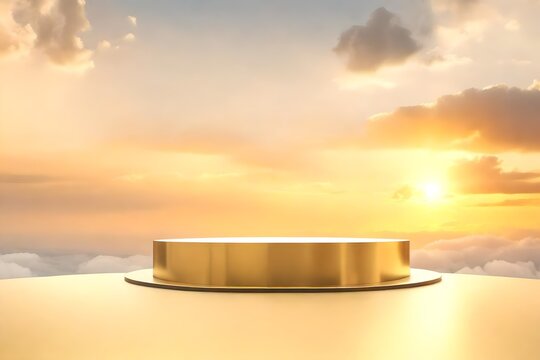 Podium stage stand on golden hour cloudy sky background for product placement 3d render