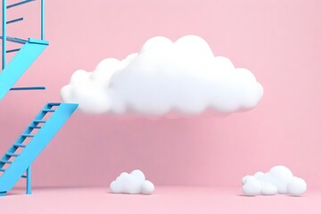 3d render, white fluffy cloud above the blue ladder, isolated on pink background