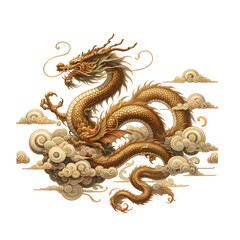 Fototapeta premium watercolor illustrations of a mythical gold dragon on a cloud, designed in a traditional japanese style center isolated white background.