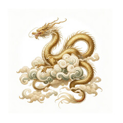  watercolor illustrations of a mythical gold dragon on a cloud, designed in a traditional japanese  style center isolated white background.