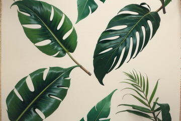 a picture of some green leaves on a wall, tropical houseplants,generative ai