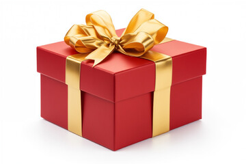 Fototapeta premium Red gift box with golden gift bow on white background