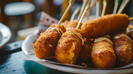 Traditional American junk food, the corndog, is displayed on a plate on the table at the street cafe, highlighting its significance on National CornDog Day. generative AI - obrazy, fototapety, plakaty