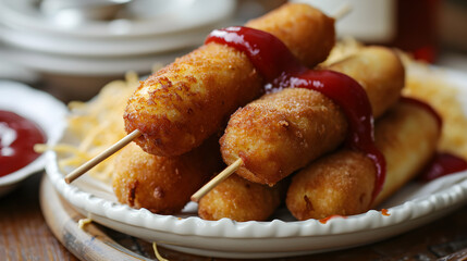At the street cafe, a corndog is positioned on the plate on the table, representing a classic American junk food, especially celebrated on National CornDog Day. generative AI