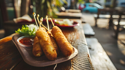 The street cafe showcases a corndog on the table, highlighting its role as a traditional American junk food, particularly recognized on National CornDog Day. generative AI