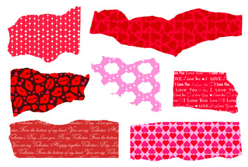 Valentine's Day, romantic scraps of paper with romantic patterns. Elements for collages, torn paper. Vector illustration, png.