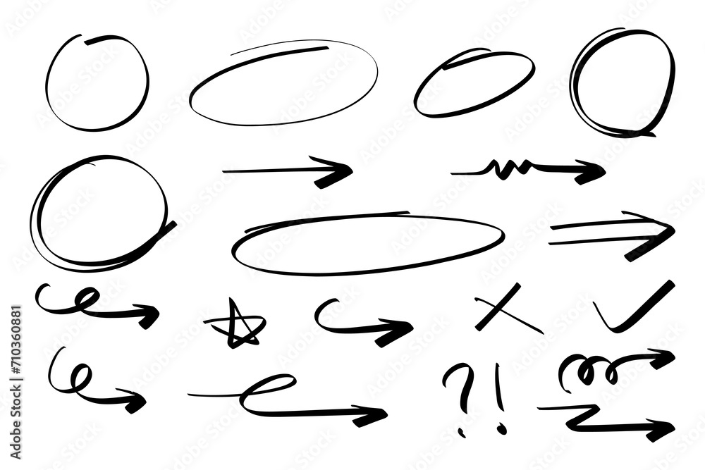 Fototapete hand drawn circle and arrow line for highlighting text. rounds bubbles set doodle sketch symbols on 