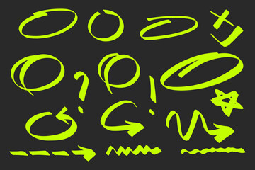 Hand drawn circle and arrow line for highlighting text. Rounds Bubbles Set doodle sketch symbols on a black background. vector illustration graphic design elements