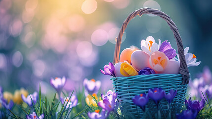Colorful Easter eggs in a pastel basket on a bokeh background of crocus flowers blooming under the...