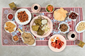 Top View Ketupat Lebaran Menu, Indonesian Celebratory Dish of Rice Cake