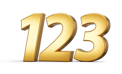3d number 123 one hundred twenty three one Gold text isolated on white background with reflection 3d illustration