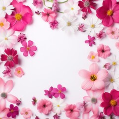 Fototapeta premium Many pink flowers mixed floral background frame with white space, postcard design, greeting card format.
