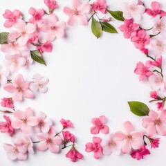 Fototapeta premium Many pink flowers mixed floral background frame with white space, postcard design, greeting card format.