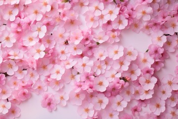 Fototapeta premium Many pink flowers mixed with floral background frame with colored empty space, view above.