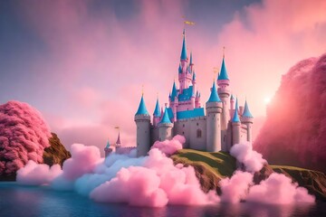 3D rendering of a fairy tale castle with cotton candy clouds