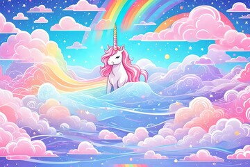 Holographic fantasy rainbow unicorn background with clouds. Pastel color sky. Magical landscape,...