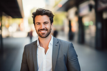 Fototapeta premium A happy smiling professional man, light blurry office background, closeup view 
