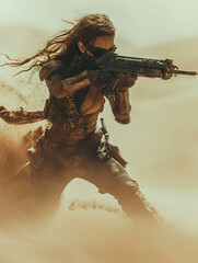 Futuristic female soldier bravely fighting in a sandstorm, a dynamic sci-fi scene showcasing her skill and strength in dystopian warfare