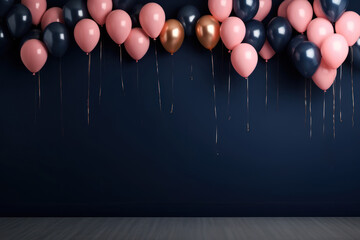 Happy birhtday greeting banner design, flying helium air balloons, festive celebration background