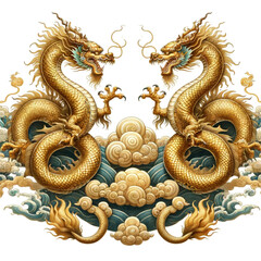 Obraz premium watercolor illustrations of two mythical gold dragons on a cloud, designed in a traditional Chinese style with a center isolated white background. 