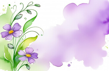 watercolor drawing banner with place for text purple flowers green background