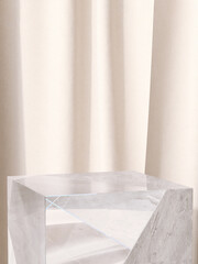 Modern geometric shape of resin and marble podium table on floor with beige curtain in background...