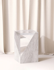 Modern geometric shape of resin and marble podium table on floor with beige curtain in background for luxury beauty, cosmetic, skincare, body care, fashion product display 3D