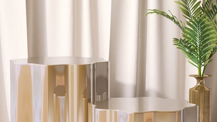 Two shiny gold modern design flower shape podium table with beige drapery curtain in background for luxury beauty, cosmetic, skincare, body care, fashion product display 3D