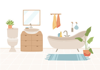 Flat cozy interior, bathroom with furniture and decor illustration, vector hand drawn design. Home decorations for modern interior. bath, toilet, dresser, mirror, carpet, houseplant,