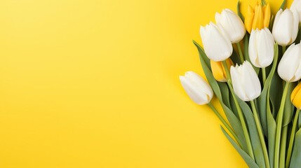 Top view flat lay of bunch of yellow and white tulip flowers against a yellow background with copy space