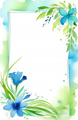 watercolor drawing banner with place for text blue flowers green background