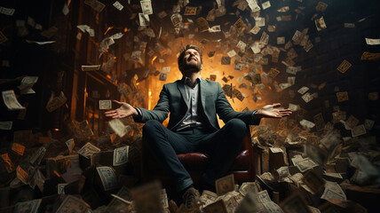 happy man in gold with coins in a dark room with a lot of money