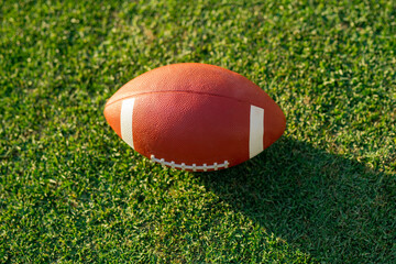 American football, rugby ball on green grass background.