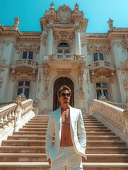 Elegant man in a white suit standing at the entrance of his luxurious mansion, portraying a lifestyle of affluence and sophistication in a grand setting