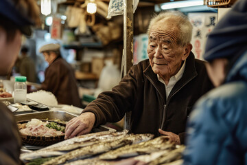 Dynamic business interactions at Tsukiji Fish Market, Tokyo, where buyers and sellers engage in the lively commerce of Japan's renowned seafood