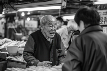 Dynamic business interactions at Tsukiji Fish Market, Tokyo, where buyers and sellers engage in the lively commerce of Japan's renowned seafood