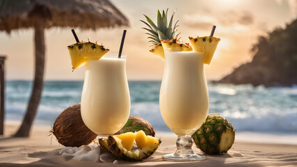 Two summer coconut milk cocktails with a slice of pineapple on the table on a sunny beach. Pina colada