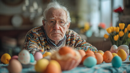 lonely senior man sits on the festive easter table 