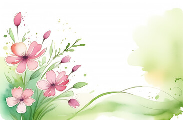 watercolor drawing banner with place for text pink flowers white background