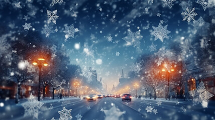 winter, snowfall, blurred urban background, snowflake illustration in street traffic, abstract festive backdrop