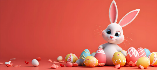banner of cartoon bunny and easter eggs	