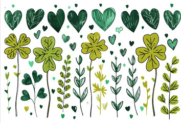 Hand drawn watercolor shamrock four leaf clover collection