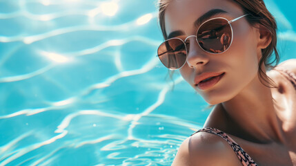 Portrait of a beautiful young woman relaxing in water of a luxury swimming pool close up, serene and quiet caucasian luxury female at pool in summer background