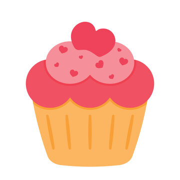Valentine Cupcake with Heart Topping Cute Cartoon Vector Illustration
