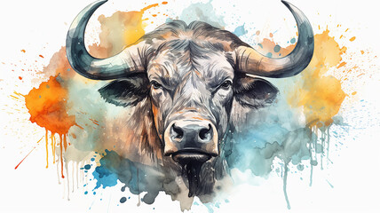 bull, watercolor portrait of a buffalo, spots of liquid paint isolated on a white background
